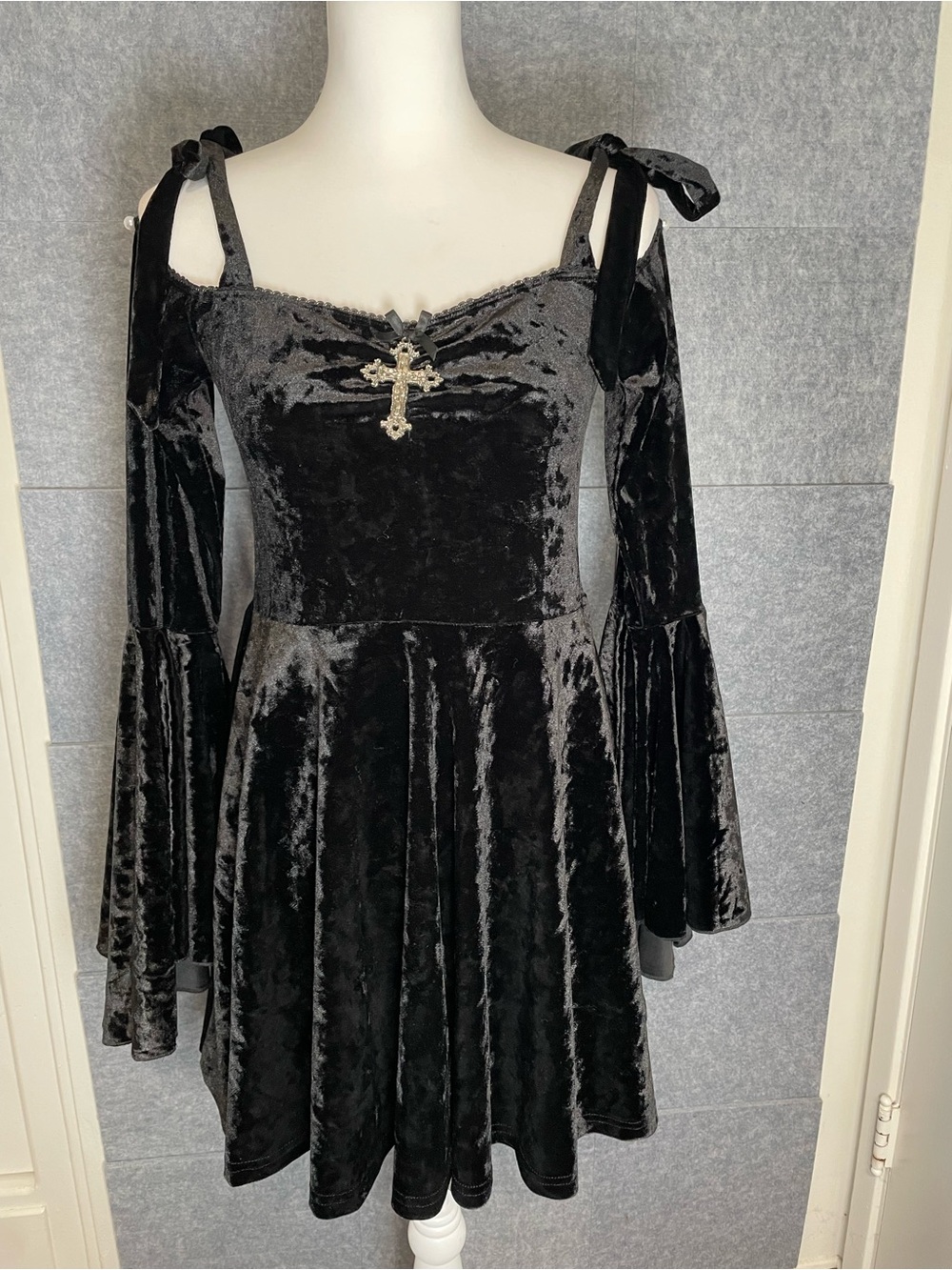Dolls Kill Black Velvet Cold-Shoulder Mini Dress with Cross Accent